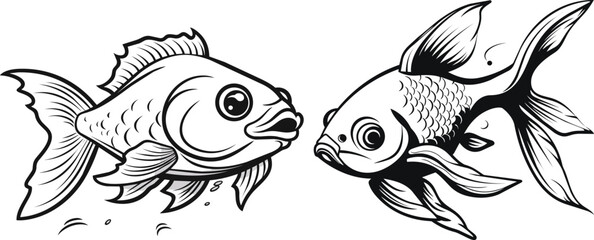 Set of Hand Drawn Goldfish Engraving Detailed Marine Wildlife Vector illustration.