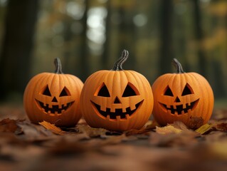 Three cheerful Halloween pumpkins are smiling amidst colorful autumn leaves, perfect for festive decorations and seasonal themes.