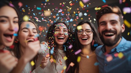 scene featuring business people celebrating with confetti, capturing the excitement and festive spirit of a corporate event in a vibrant office setting