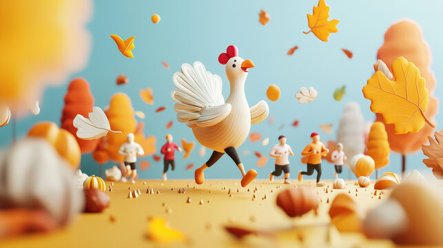 A whimsical turkey trot race scene features stylized runners and cheerful turkey amidst colorful autumn leaves. vibrant atmosphere captures joy of season