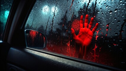 Bloody Handprint on Car Window in the Rain, Dark and Suspenseful Horror Scene