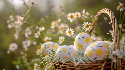 A close-up of hand-painted Easter eggs arranged in a wicker basket with a backdrop of soft grass and delicate spring flowers