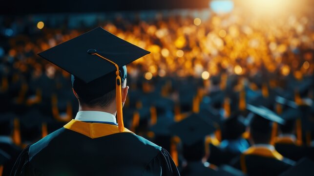 A proud graduate stands at a ceremony, surrounded by fellow graduates, celebrating the achievement in a vibrant atmosphere.