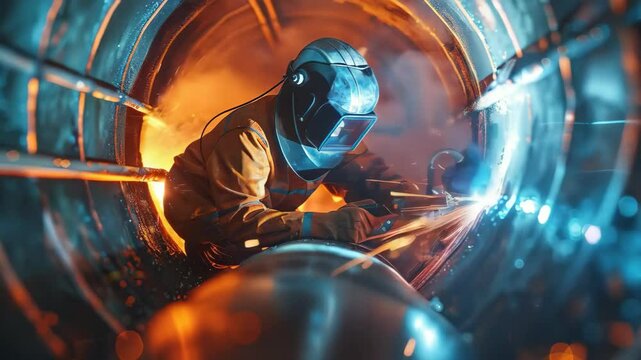 video of Industrial welder working inside a pipe, welding during the construction of a natural gas and fuel transport pipeline. Clean green power and energy concept