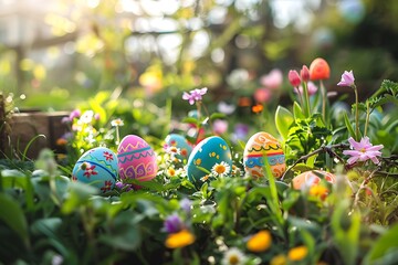 A colorful Easter egg hunt setup in a lush garden with brightly decorated eggs hidden among blooming flowers and greenery bathed in soft spring sunlight