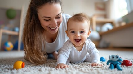 A mother and baby share a joyful moment on the carpet surrounded by colorful toys, expressing familial love, bonding, and happiness in a home setting.