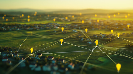 Networked Countryside: Digital Map with Yellow Pins and White Lines