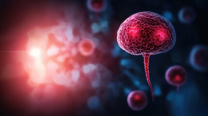 A vivid illustration of cellular structure, showcasing intricate details of a cell with glowing elements against a dark background.