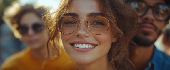 Obraz premium Smiling Woman in Glasses with Friends in Background
