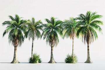 Fototapeta premium Group of Coconut palm trees isolated on white background growing up on the beach