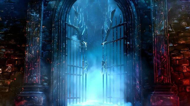 A mystical gate surrounded by dark, cavernous scenery, illuminated by ethereal light and mist, suggesting a fantasy or otherworldly realm.