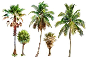 Fototapeta premium Group of Coconut palm trees isolated on white background growing up on the beach