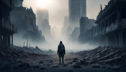 dystopian city shrouded mist lone survivor overlooking ruins