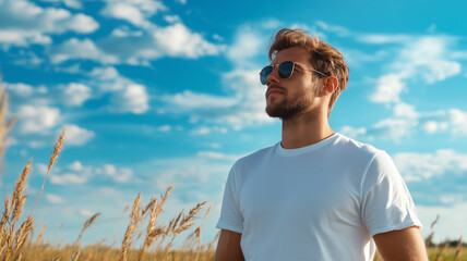 A man wearing sunglasses stands confidently in a field, gazing into the distance under a bright blue sky dotted with clouds.