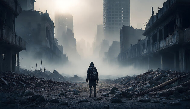 dystopian city shrouded mist lone survivor overlooking ruins