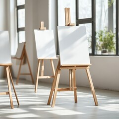 Minimalist art studio with empty easels bathed in natural light, perfect for creative inspiration and artistic endeavors.