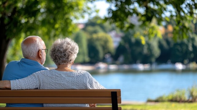 A senior couple sits together on a bench, gazing at a serene lake surrounded by lush greenery and trees, symbolizing love, companionship, and peaceful retirement.