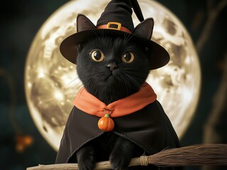 Black cat dressed as a witch, sitting on a broomstick under the full moon, witch cat, spooky Halloween pet