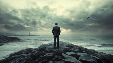 A man in a suit stands on a rocky outcrop overlooking a turbulent sea