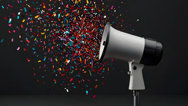 a megaphone with colorful confetti around, share good news concept