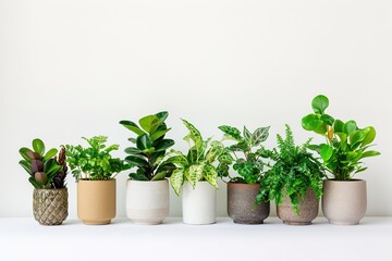 Obraz premium Collection of various houseplants displayed in ceramic pots with transparent background. Potted exotic house plants on white shelf against white wall. Home garden banner