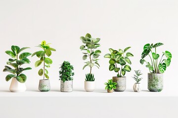 Fototapeta premium Collection of various houseplants displayed in ceramic pots with transparent background. Potted exotic house plants on white shelf against white wall. Home garden banner