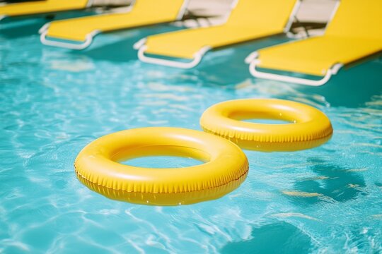 Bright yellow pool floats float in clear water. Relaxation and summer fun await. Enjoy vibrant colors and sunny days. Perfect for vacation or leisure. Generative AI