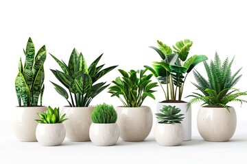 Obraz premium Collection of various houseplants displayed in ceramic pots with transparent background. Potted exotic house plants on white shelf against white wall. Home garden banner