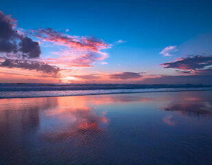 Fototapeta premium beach scene sky blending blue pink reflecting setting sun