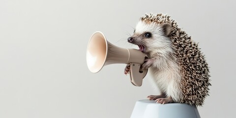 Fototapeta premium Tiny Hedgehog Making a Big Announcement - Cute hedgehog standing on a megaphone against light gray backdrop.