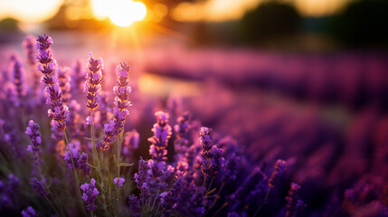Naklejka premium Lavender flowers bathed in golden sunlight at sunset, creating a dreamy and vibrant atmosphere 