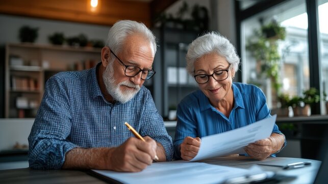 A senior couple intently examines documents at a well-lit table, displaying teamwork and focus in a cozy, plants-adorned office environment. - Powered by Adobe