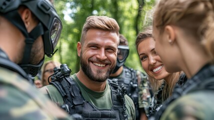 Fototapeta premium A group of friends in full paintball gear are smiling and interacting in a forest setting, highlighting teamwork, excitement, and the camaraderie of adventurous play.