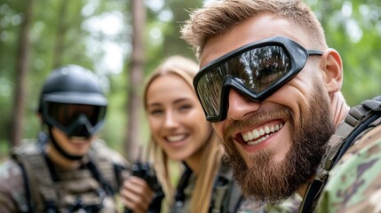 Fototapeta premium A cheerful group in camouflage gear takes a selfie, highlighting friendship and adventurous spirit during a lively military training exercise in the forest.