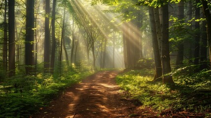 Obraz premium A mist-filled forest path with rays of sunlight filtering through the trees, casting a serene glow on the trail