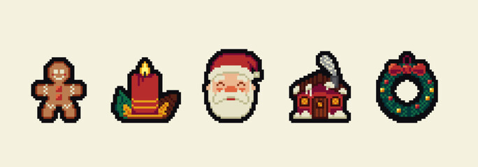 Vintage 8 bit Merry Christmas icon set. Festive Xmas symbols in pixel art. Happy New Year collection in retro video game style.