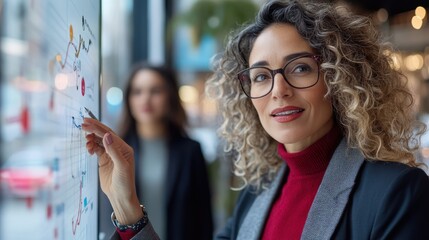 The image features a focused woman in glasses analyzing data charts on an office board, showcasing her analytical skills and professional commitment in a business environment.