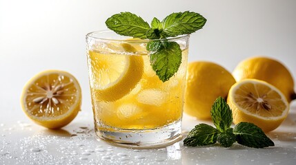 Fototapeta premium Chilled lemon mint drink served with fresh ice and vibrant lemon slices