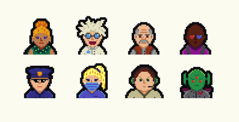 Avatar pixel characters, youth men and women, cartoon vector icons. Game user or web profile pixel avatars of persons and people for social net portrait, 8bit boy, young, girl, man and woman faces