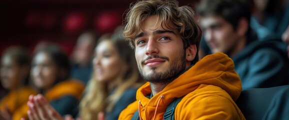 Obraz premium Young Man in a Crowd Looking at the Camera