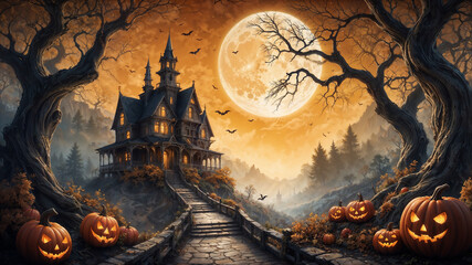 Fototapeta premium Halloween background: with horror house and scary pumpkin