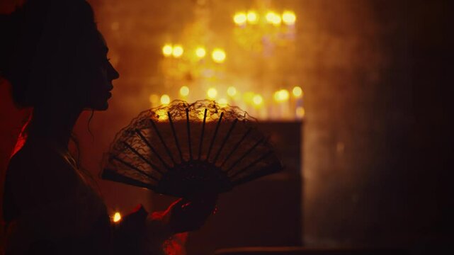 dark shadow silhouette gothic sexy woman holding in hands fan in red light candles flame black night ball room carnival party. baroque dress Mystery lady rococo girl. victorian vampire queen art 4k