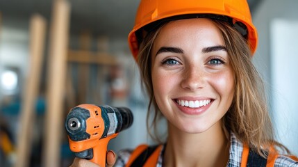A young woman in a construction helmet smiles while holding an orange drill, representing empowerment and the modern female workforce in a construction setting.