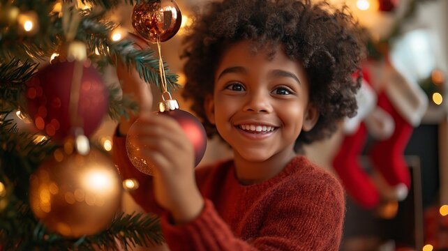 A cheerful child decorates a Christmas tree with red and gold ornaments, surrounded by festive holiday lights.
