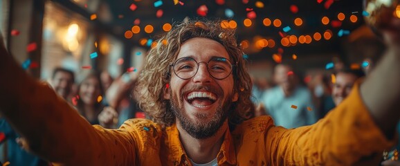 Obraz premium Happy Man Celebrating with Confetti and Friends