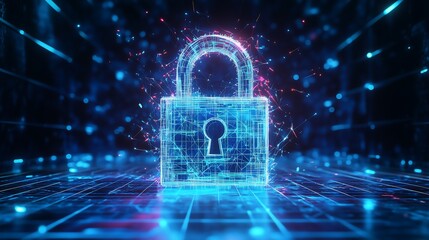 A futuristic hologram of an open polygonal digital padlock, composed of intricate geometric shapes and lines. The padlock glows with a translucent, neon-like effect, appearing to float in the air. 
