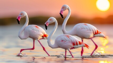 Obraz premium Three elegant flamingos wading in water during a vibrant sunset, showcasing their graceful movements and colorful plumage.