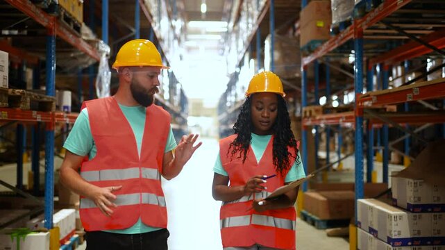 Multiracial warehouse workers discussing inventory logistics in slow motion