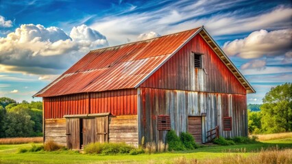 Rustic barn in a countryside setting with red weathered wood and a tin roof
