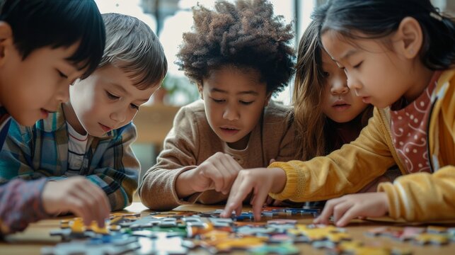 A diverse group of children working on a puzzle together, demonstrating teamwork and problem-solving skills